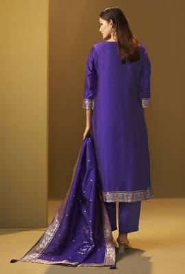 Women's navy blue jacquard art silk straight kurta set with cotton bottom & silk blend dupatta 2