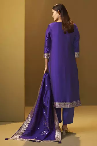 Women's navy blue jacquard art silk straight kurta set with cotton bottom & silk blend dupatta