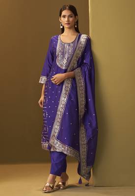 Women's navy blue jacquard art silk straight kurta set with cotton bottom & silk blend dupatta 3