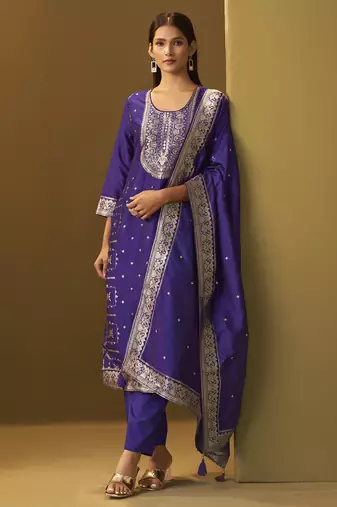Women's navy blue jacquard art silk straight kurta set with cotton bottom & silk blend dupatta