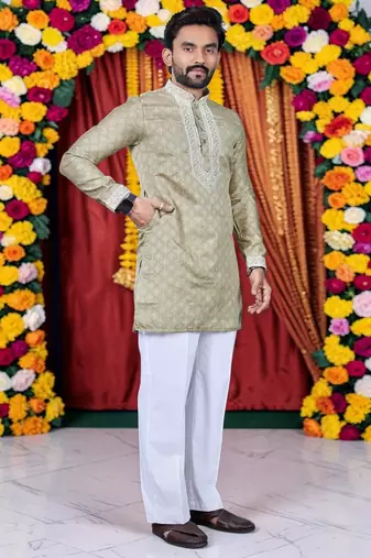 Wedding chiku embroidered  silk men's short kurta only