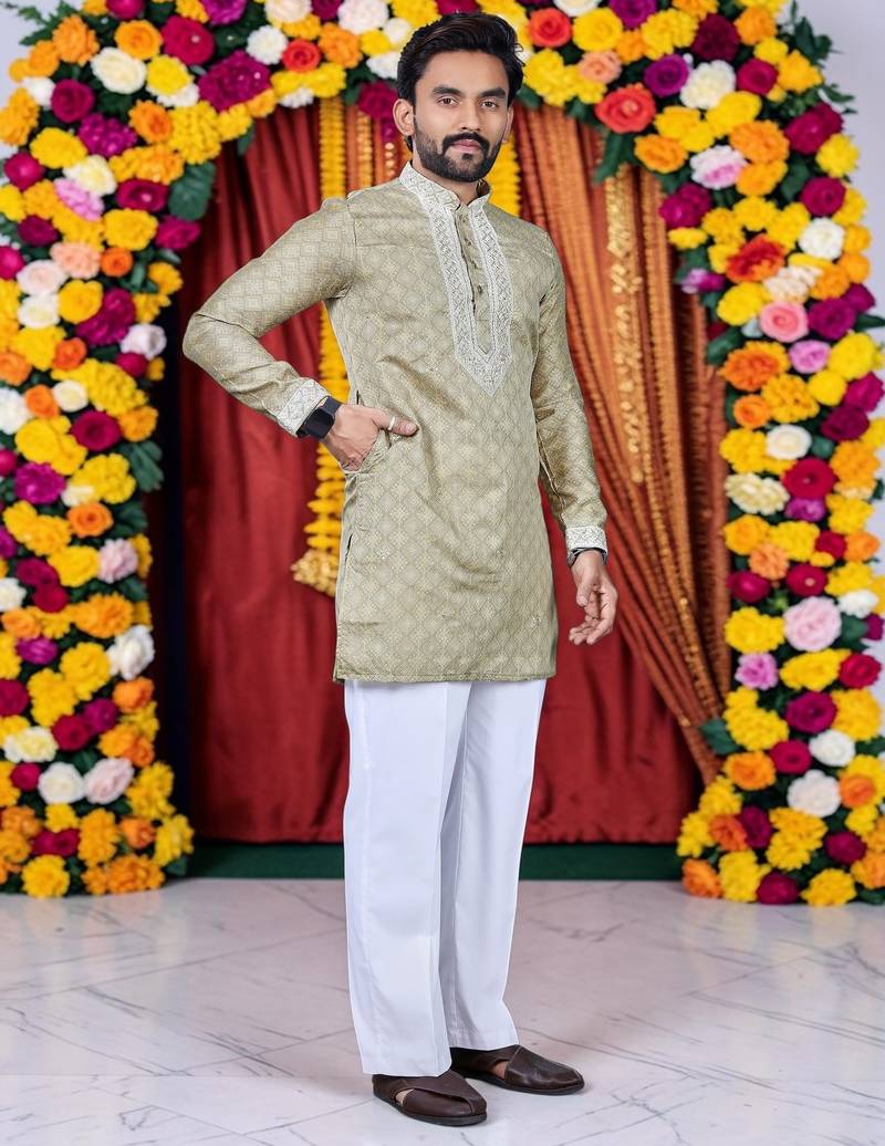 Wedding chiku embroidered  silk men's short kurta only