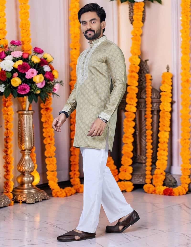 Wedding chiku embroidered  silk men's short kurta only