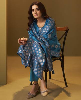 Women's turquoise blue art silk jacquard kurta set with cotton bottom and jacquard dupatta 1