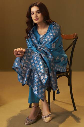 Women's turquoise blue art silk jacquard kurta set with cotton bottom and jacquard dupatta