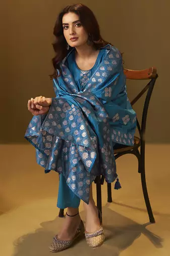 Women's turquoise blue art silk jacquard kurta set with cotton bottom and jacquard dupatta