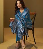 Women's turquoise blue art silk jacquard kurta set with cotton bottom and jacquard dupatta