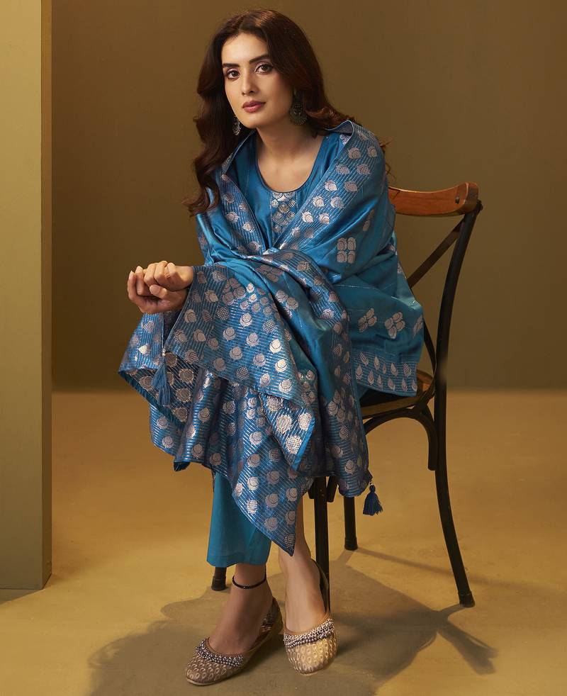 Women's turquoise blue art silk jacquard kurta set with cotton bottom and jacquard dupatta
