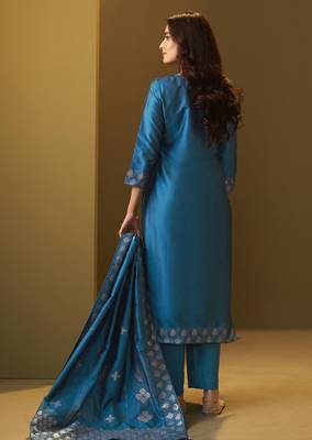 Women's turquoise blue art silk jacquard kurta set with cotton bottom and jacquard dupatta 2