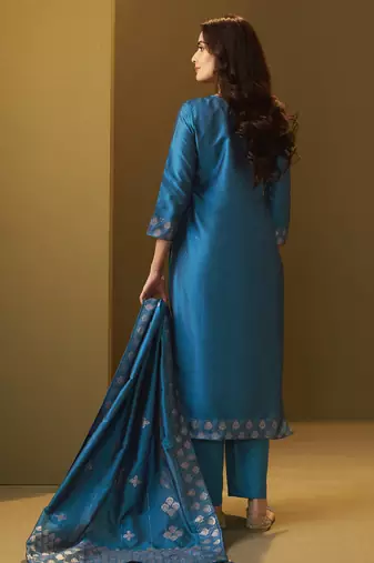 Women's turquoise blue art silk jacquard kurta set with cotton bottom and jacquard dupatta