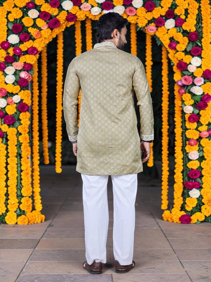 Wedding chiku embroidered  silk men's short kurta only