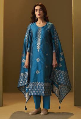 Women's turquoise blue art silk jacquard kurta set with cotton bottom and jacquard dupatta 3