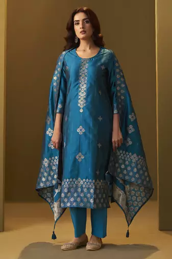 Women's turquoise blue art silk jacquard kurta set with cotton bottom and jacquard dupatta