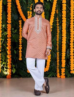 Wedding orange embroidered  silk men's short kurta only 1