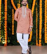 Wedding orange embroidered  silk men's short kurta only