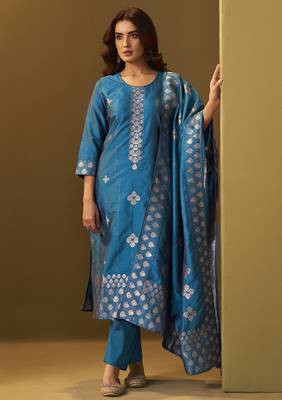 Women's turquoise blue art silk jacquard kurta set with cotton bottom and jacquard dupatta 4