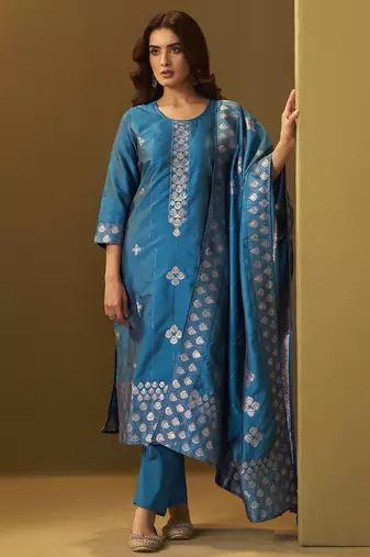 Women's turquoise blue art silk jacquard kurta set with cotton bottom and jacquard dupatta