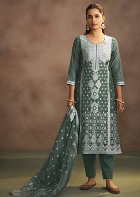 Women's dusty green jacquard art silk straight kurta set with cotton bottom & silk blend dupatta 1