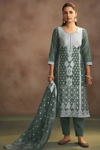 Women's dusty green jacquard art silk straight kurta set with cotton bottom & silk blend dupatta