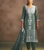 Women's dusty green jacquard art silk straight kurta set with cotton bottom & silk blend dupatta