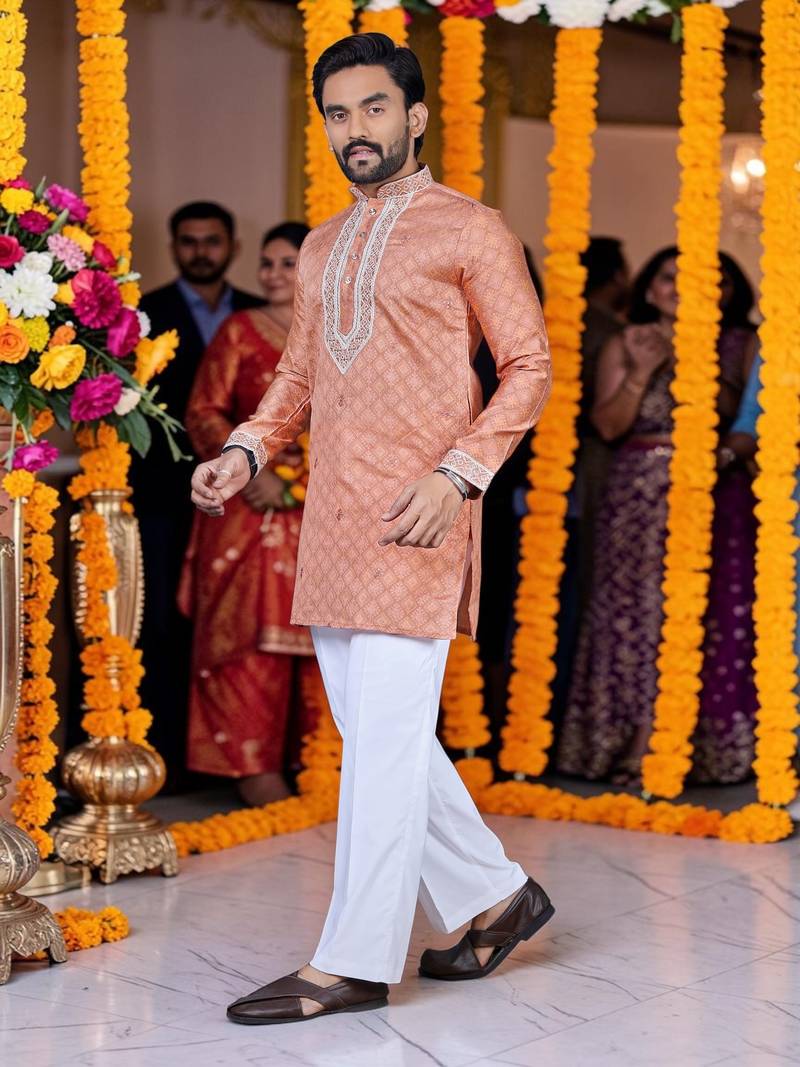 Wedding orange embroidered  silk men's short kurta only