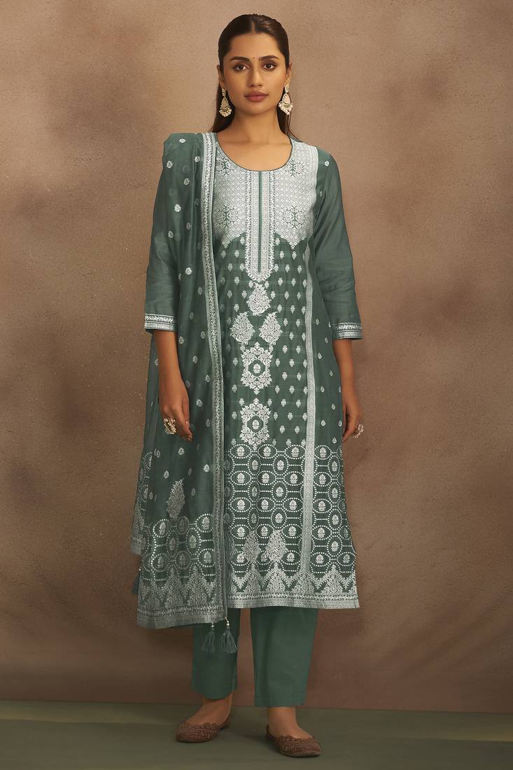 Women's dusty green jacquard art silk straight kurta set with cotton bottom & silk blend dupatta