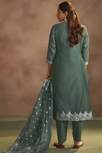 Women's dusty green jacquard art silk straight kurta set with cotton bottom & silk blend dupatta