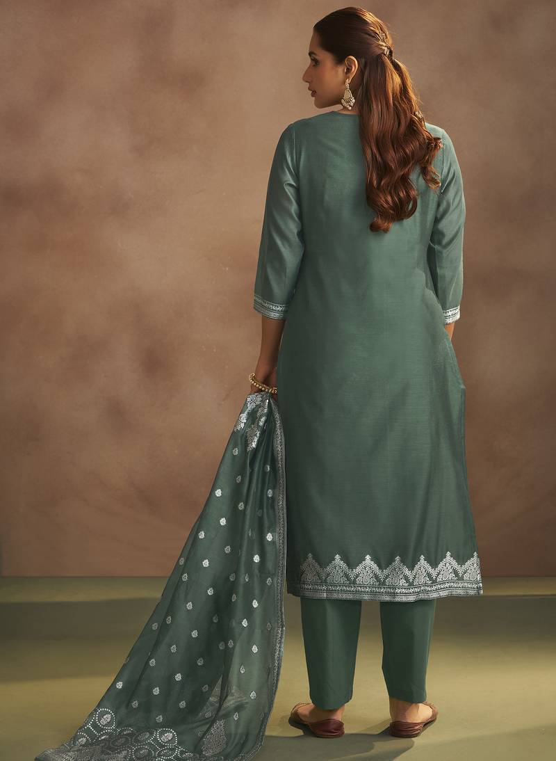 Women's dusty green jacquard art silk straight kurta set with cotton bottom & silk blend dupatta