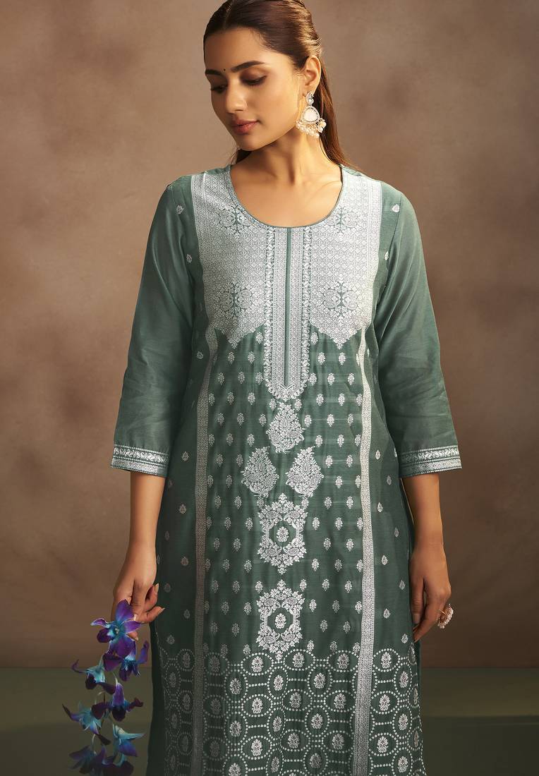 Women's dusty green jacquard art silk straight kurta set with cotton bottom & silk blend dupatta