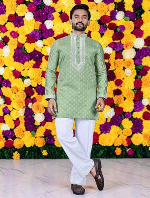 Wedding pista green embroidered  silk men's short kurta only 1