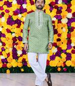 Wedding pista green embroidered  silk men's short kurta only
