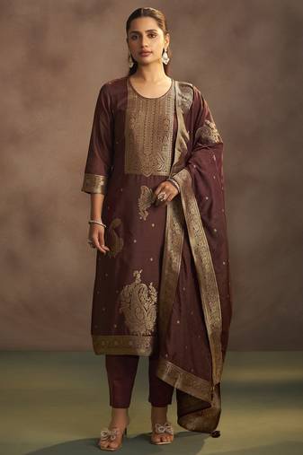 Women's brown jacquard art silk straight kurta set with cotton bottom & silk blend dupatta