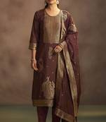 Women's brown jacquard art silk straight kurta set with cotton bottom & silk blend dupatta