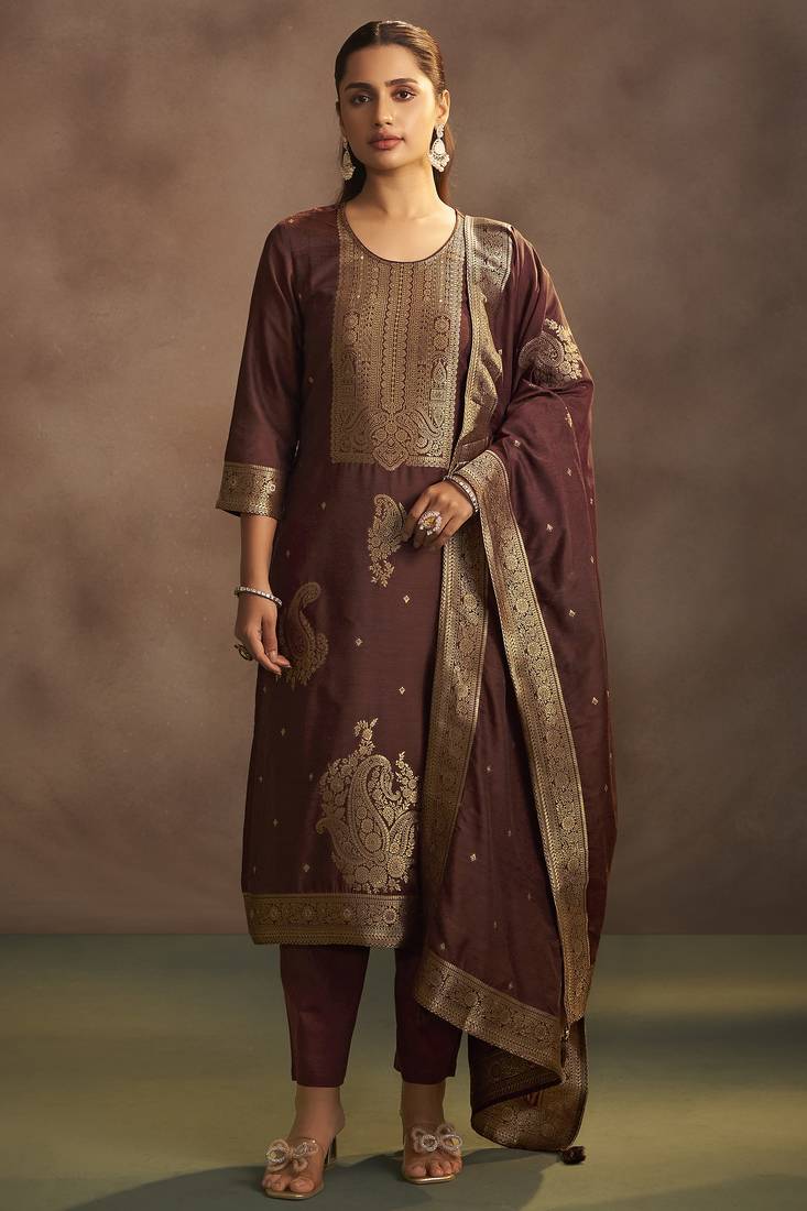 Women's brown jacquard art silk straight kurta set with cotton bottom & silk blend dupatta