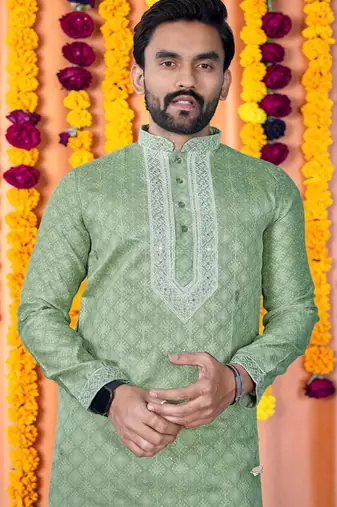 Wedding pista green embroidered  silk men's short kurta only