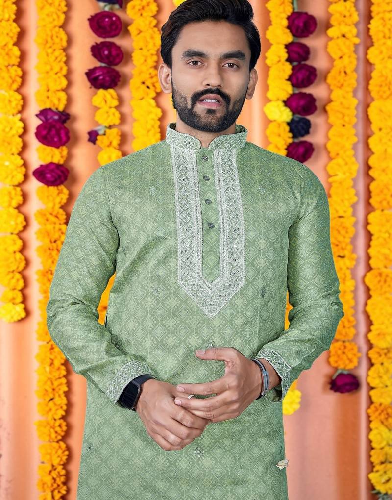 Wedding pista green embroidered  silk men's short kurta only