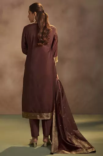 Women's brown jacquard art silk straight kurta set with cotton bottom & silk blend dupatta