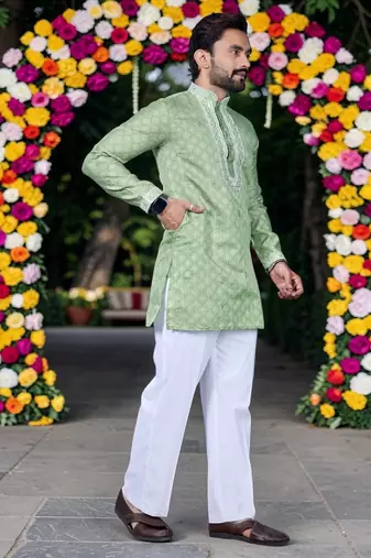 Wedding pista green embroidered  silk men's short kurta only