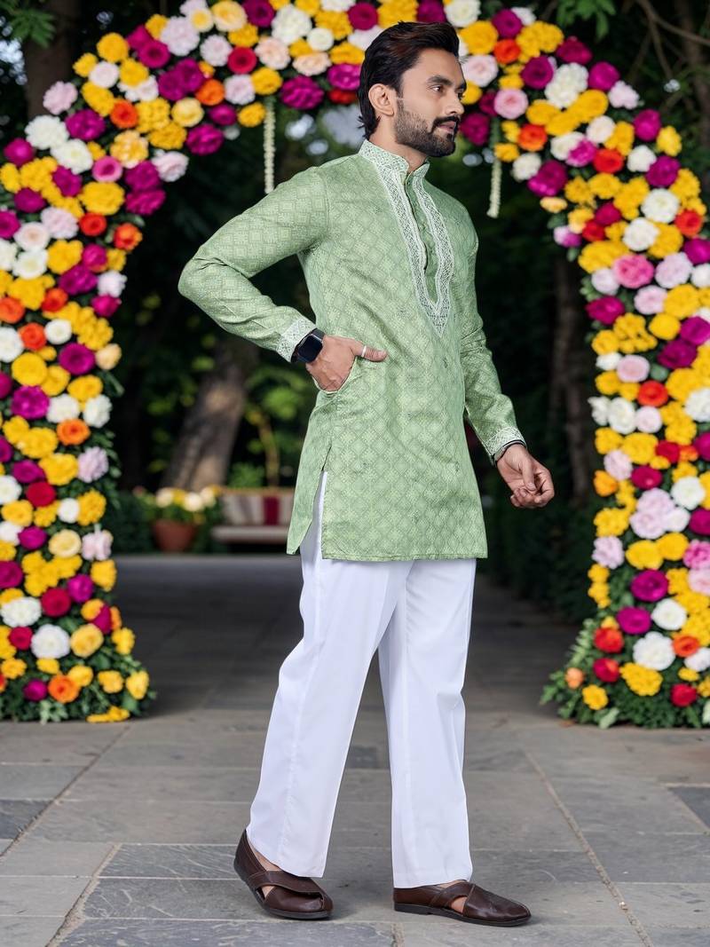 Wedding pista green embroidered  silk men's short kurta only