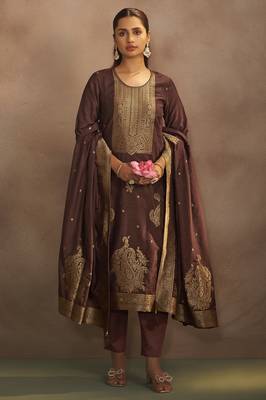 Women's brown jacquard art silk straight kurta set with cotton bottom & silk blend dupatta 3