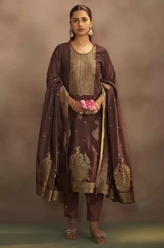 Women's brown jacquard art silk straight kurta set with cotton bottom & silk blend dupatta