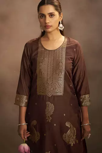 Women's brown jacquard art silk straight kurta set with cotton bottom & silk blend dupatta