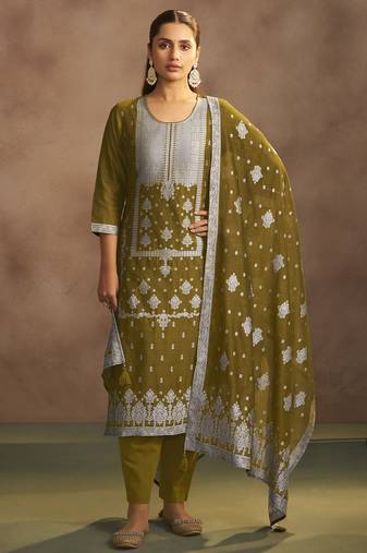 Women's olive green jacquard art silk straight kurta set with cotton bottom & silk blend dupatta