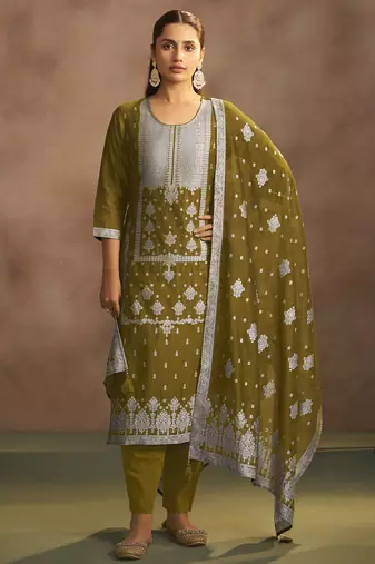 Women's olive green jacquard art silk straight kurta set with cotton bottom & silk blend dupatta