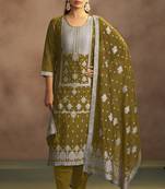 Women's olive green jacquard art silk straight kurta set with cotton bottom & silk blend dupatta