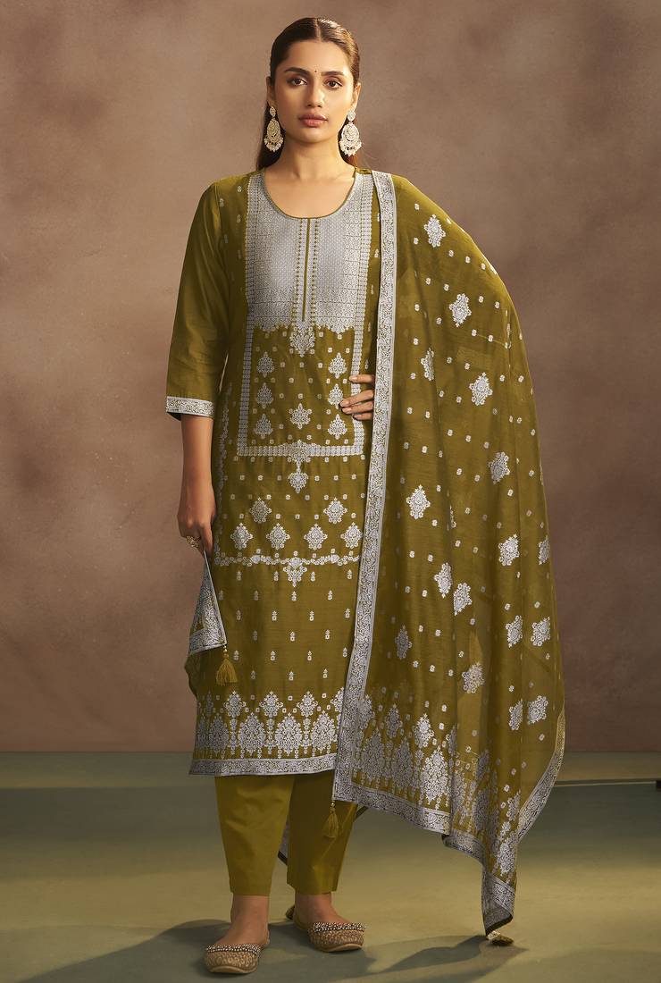 Women's olive green jacquard art silk straight kurta set with cotton bottom & silk blend dupatta