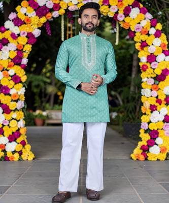 Wedding sea green embroidered  silk men's short kurta only 1