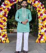 Wedding sea green embroidered  silk men's short kurta only