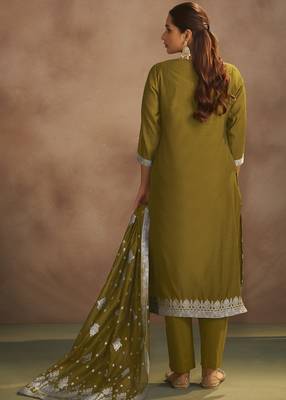 Women's olive green jacquard art silk straight kurta set with cotton bottom & silk blend dupatta 2
