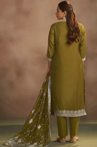 Women's olive green jacquard art silk straight kurta set with cotton bottom & silk blend dupatta